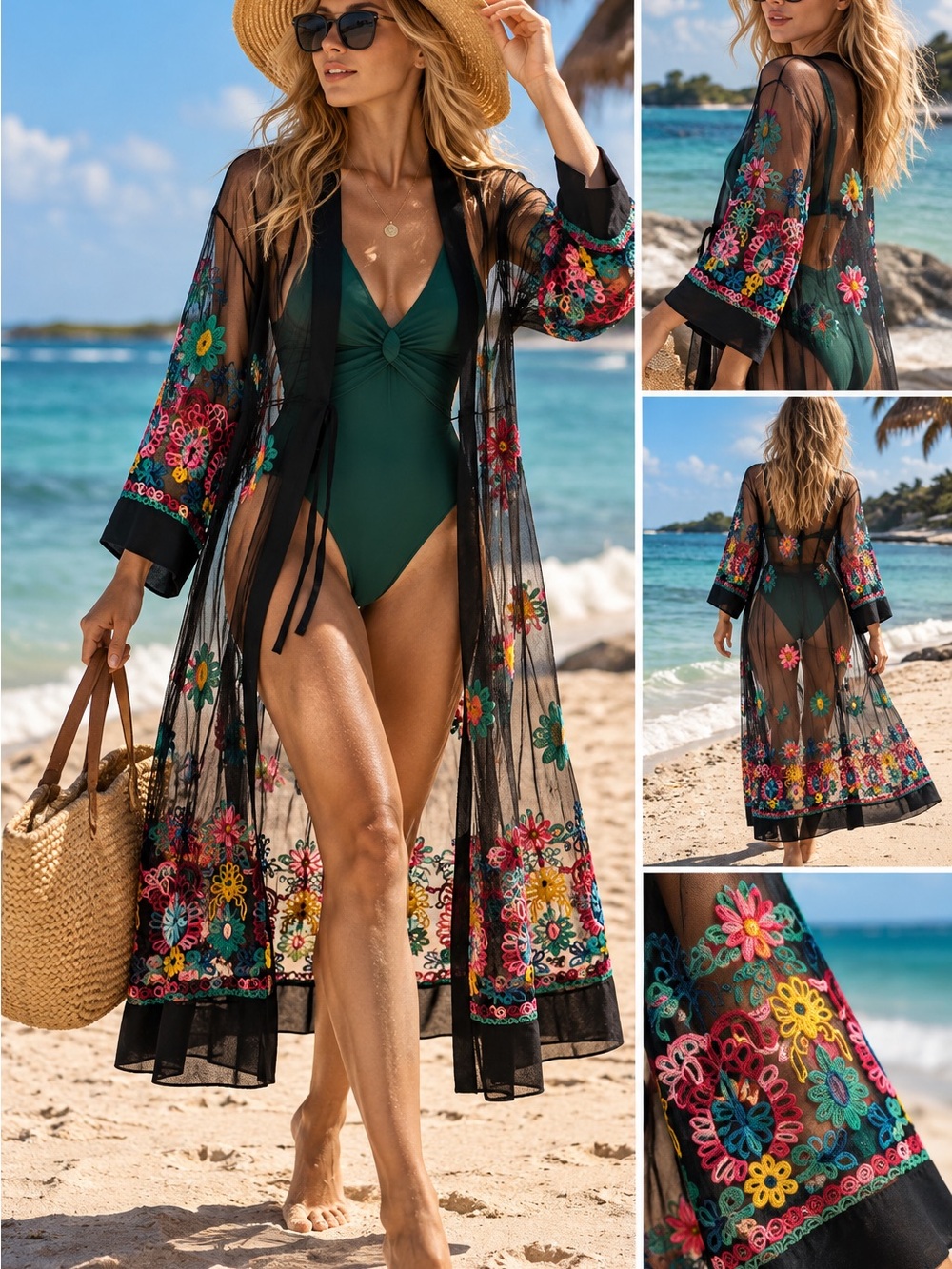 ASHA Black Sheer Floral Embroidered Long Kimono Cover Up One Size